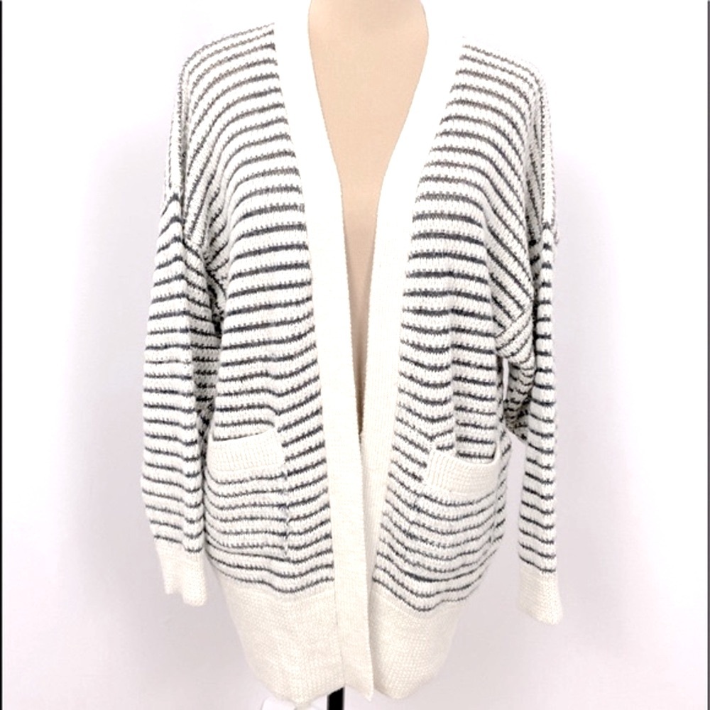 Blue and Cream Baby Llama Wool Stripe Cardigan Sweater Size Small